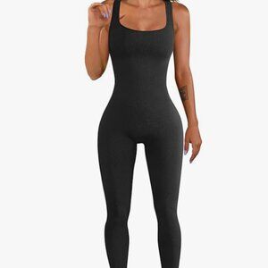 Women Workout Seamless Padded Jumpsuit Yoga Ribbed Bodycon Tank Top Leggings